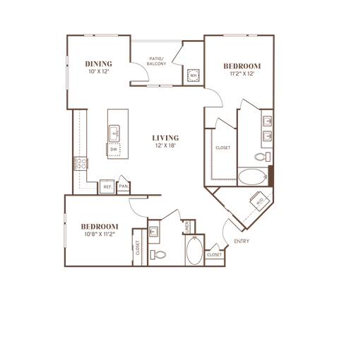 Floor plan for 2 beds, 2 baths, 1235 sqft